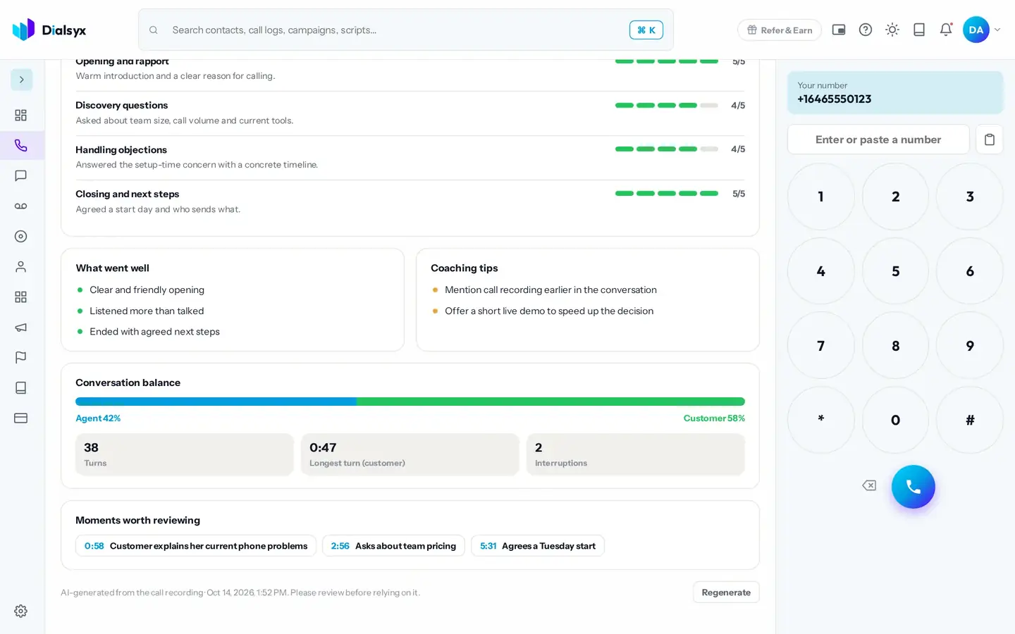 Talk-time balance and notable moments.