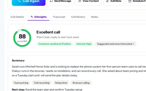 The AI Insights tab of a call in the Dialsyx dialer, showing a call score, customer sentiment and a written summary