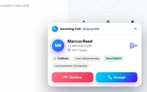 An incoming call card floating over the Dialsyx dialer, showing the caller, call history and Accept and Decline buttons