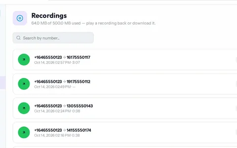 The Recordings screen in the Dialsyx dialer, listing recorded calls with the numbers, dates and lengths