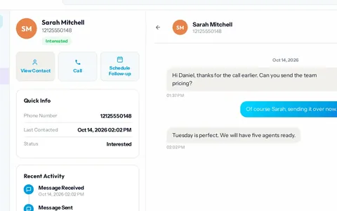 A text message conversation with a customer in the Dialsyx dialer, next to the contact details